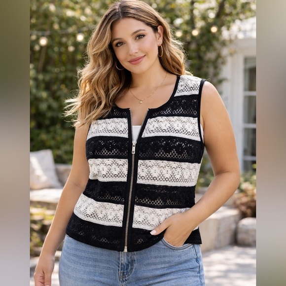Chico's Tops - Chico’s Black White Crochet Lace Zip Front Vest Size 1 Cotton